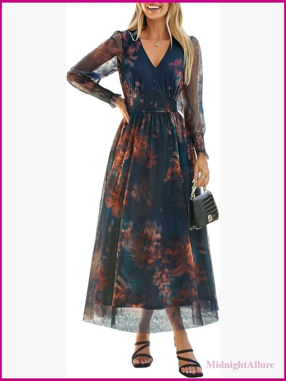 Floral Maxi Dress Boho Wedding Guest Long Sleeve Empire Waist V Neck Summer